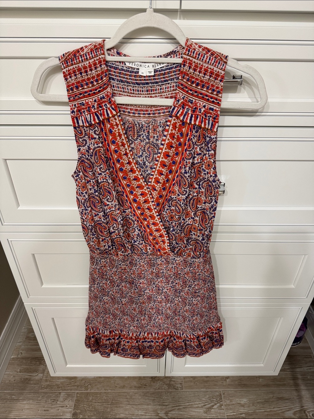 Veronica Beard Red and Navy Paisley Smocked Waist Sleeveless Top